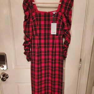 Antonio Melani Elena Plaid Square Neck Long Ruched Sleeve Midi Dress. new with t